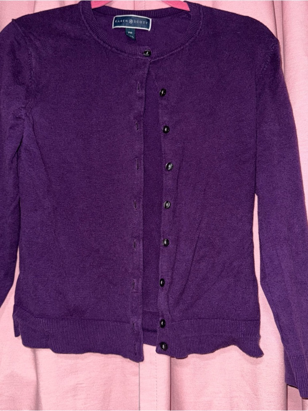 Karen Scott Deep Purple Button-Front Crewneck Cardigan